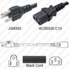 Japan JIS8303 Male Plug to IEC320 C13 Connector 1.8 meters / 6 feet 7A/125V  VCT-F3G.75 Black - Country Power Cord Hanked