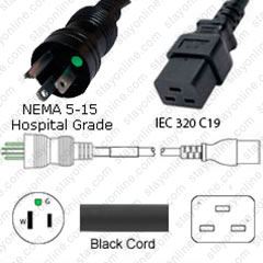 AC Power Cord NEMA 5-15 Plug to IEC 60320 C19 Connector 20 Feet 15a/125v